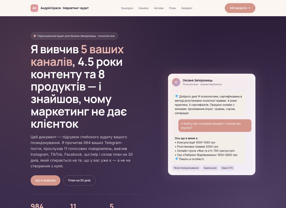 Сторінка з розбором для клієнтки